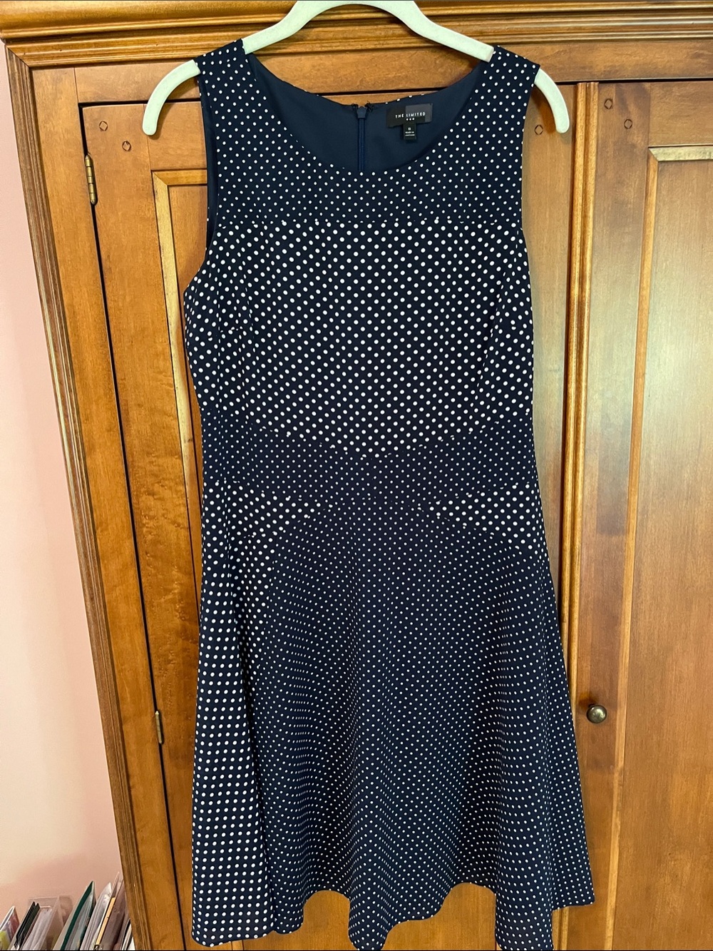 Limited Navy and White Polka Dot Sleeveless Midi Dress. Size 8